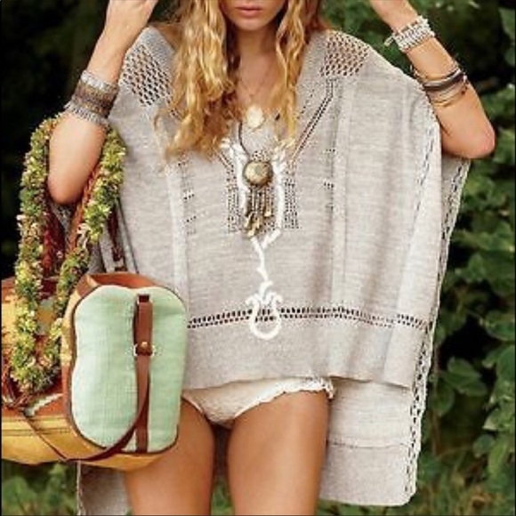 Free People Sweaters - Free People Kona Pointelle Crochet Tan Knit Poncho